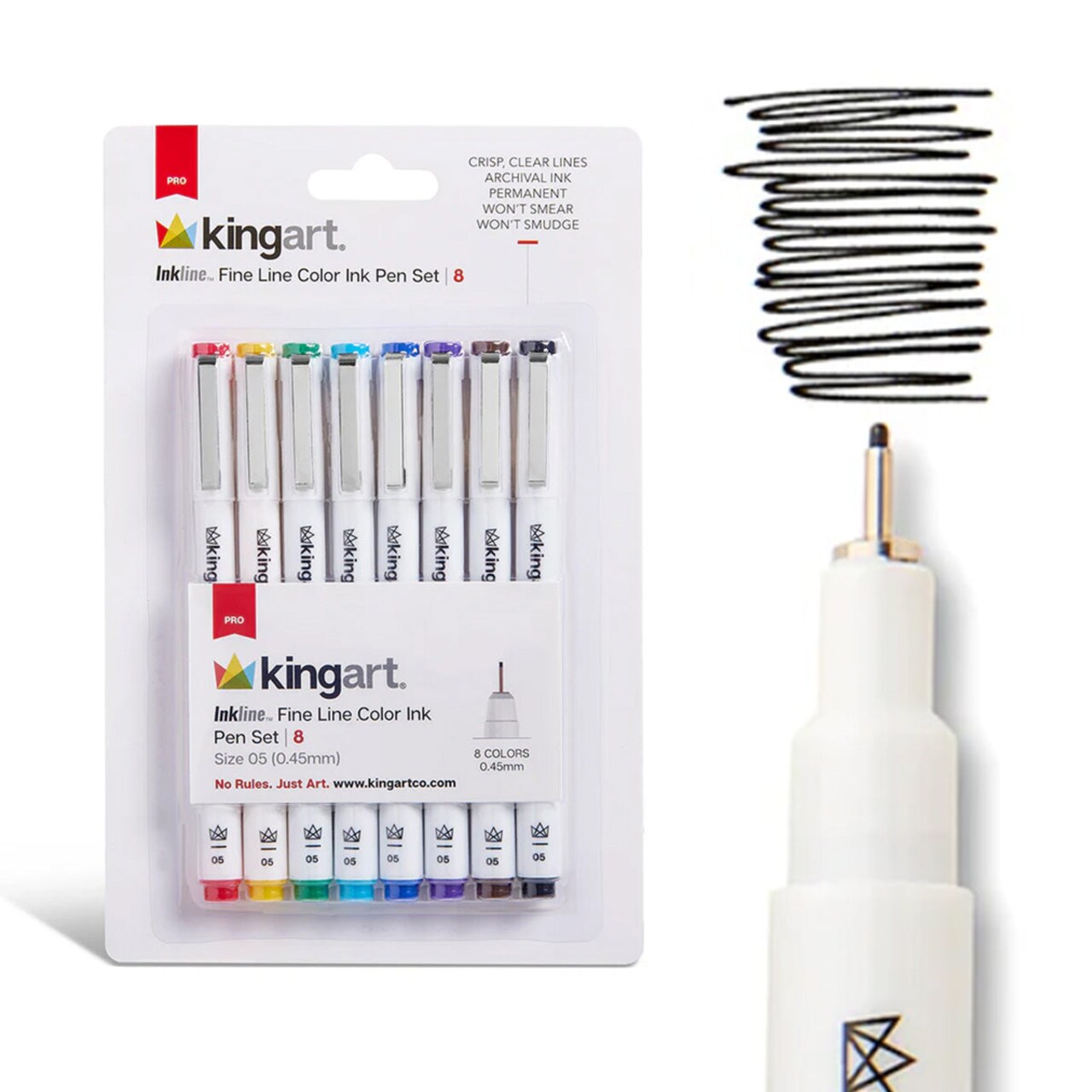 KINGART® Inkline™ Fine Line Art & Graphic Pens, Archival Japanese Ink, Set of 8 Unique Colors, Size 05 Nib